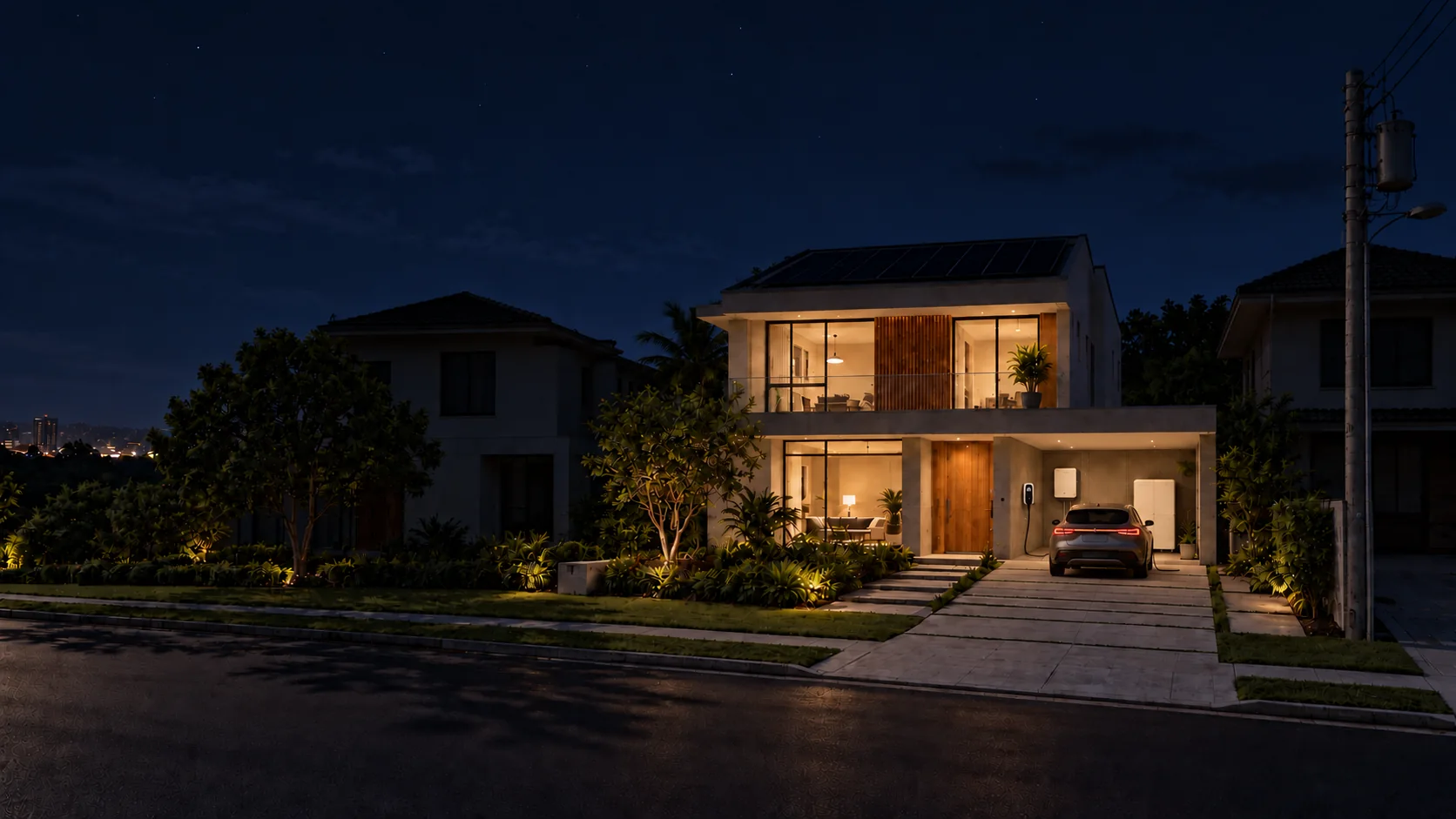 Casa com a energia mantida pela bateria durante a falta de rede