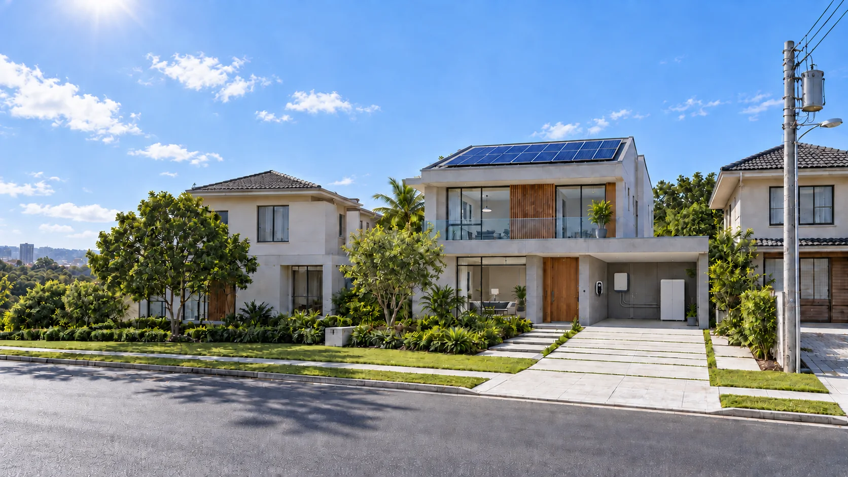 Casa ao meio-dia com painéis solares, inversor, bateria e carregador veicular