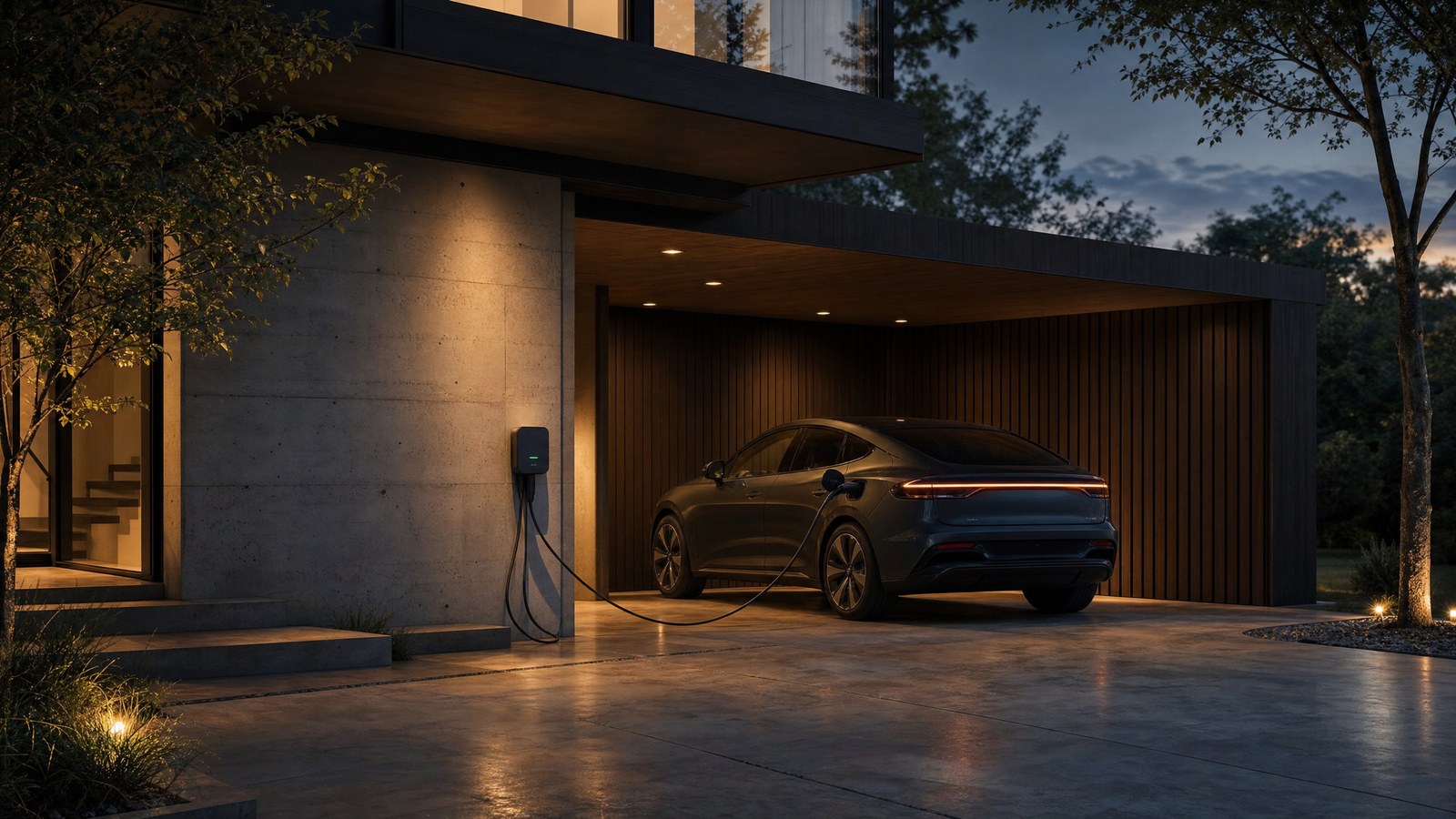 Veículo elétrico conectado a carregador em arquitetura contemporânea