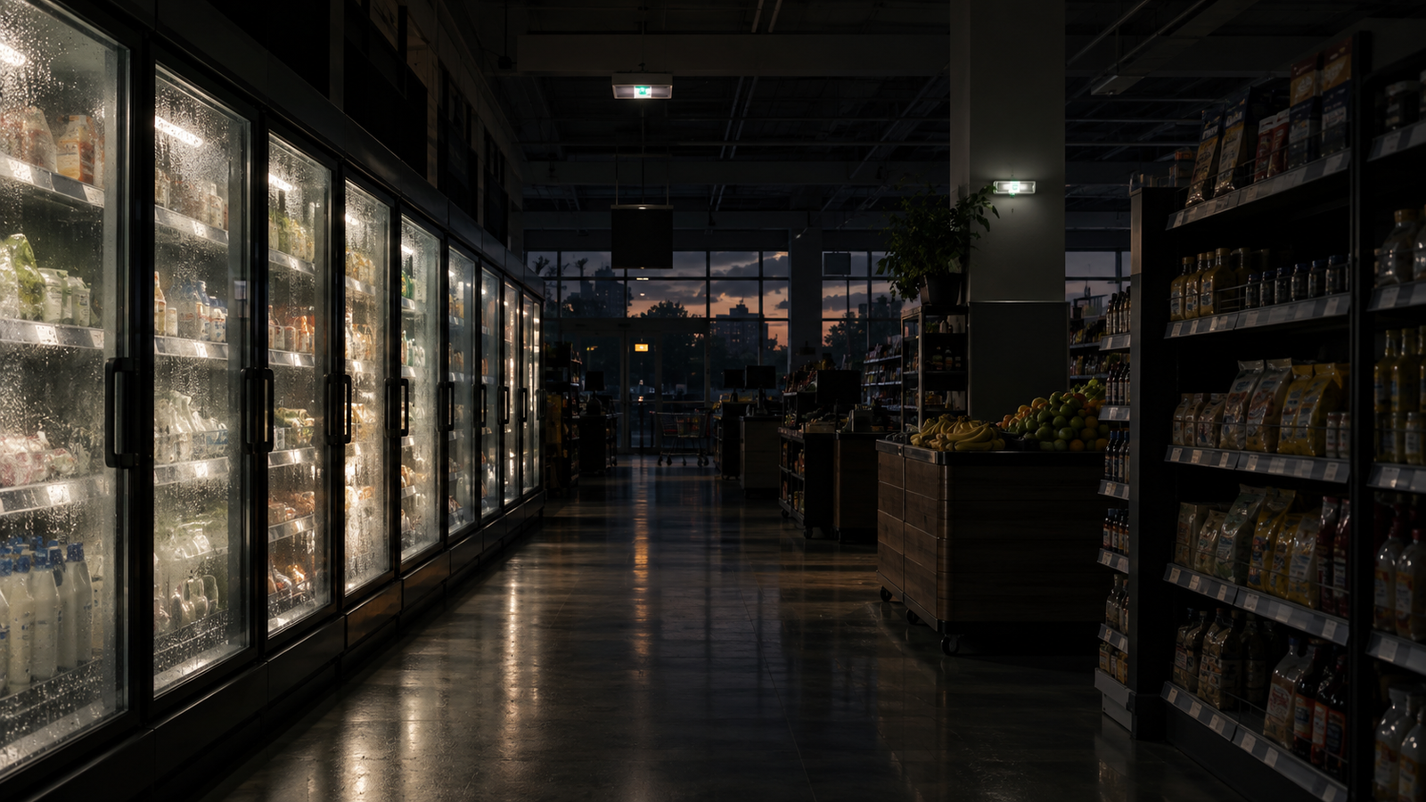 Corredor de supermercado com as luzes apagadas durante uma falta de energia