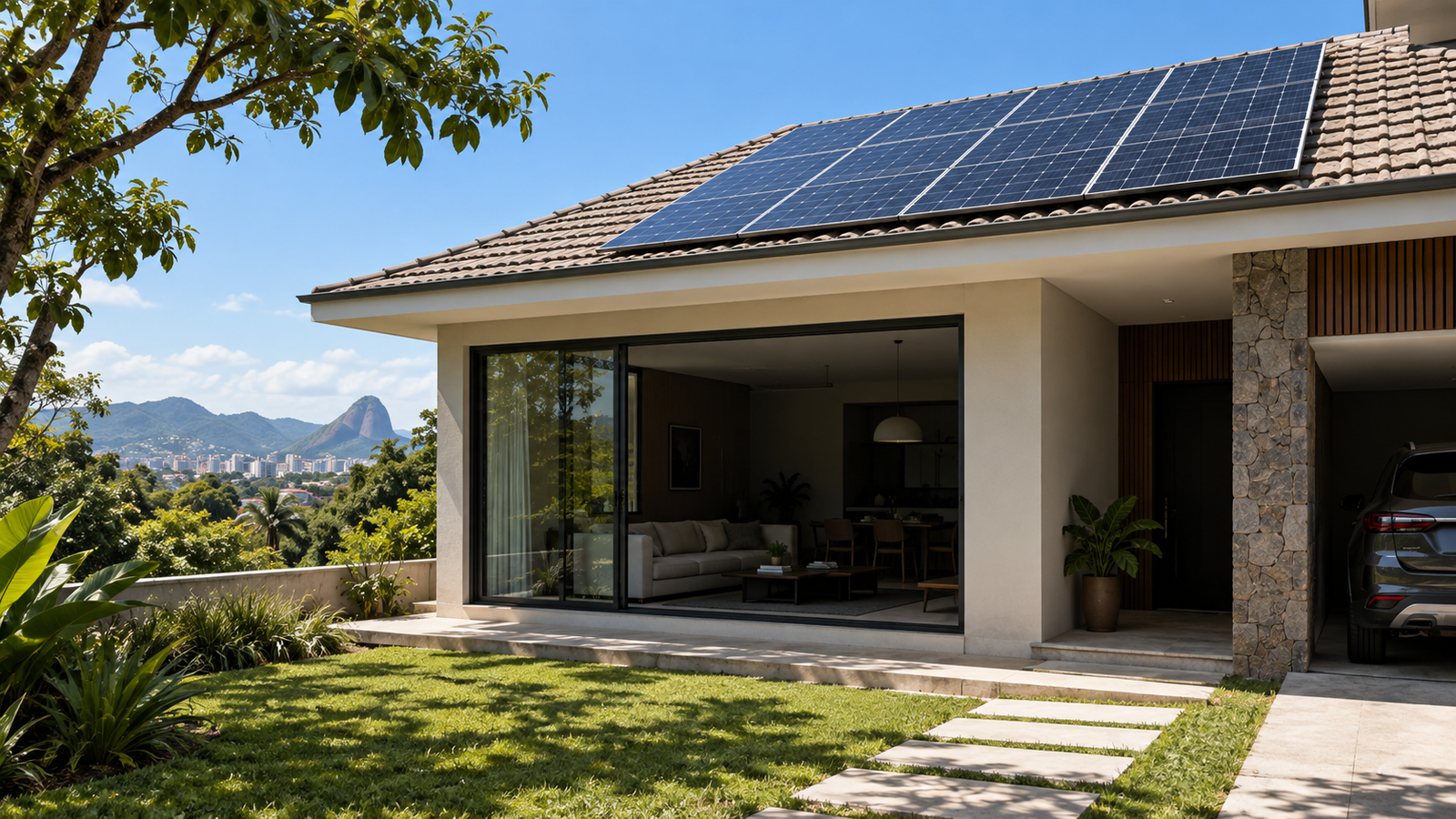 Casa com painéis solares no telhado e luzes apagadas durante uma falta de energia