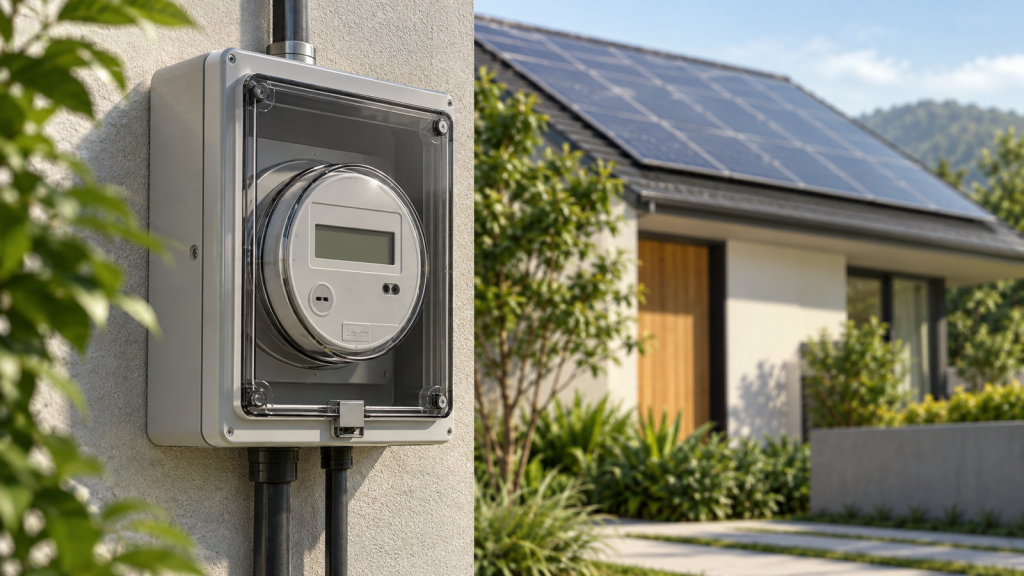 Medidor de energia bidirecional com painéis solares ao fundo