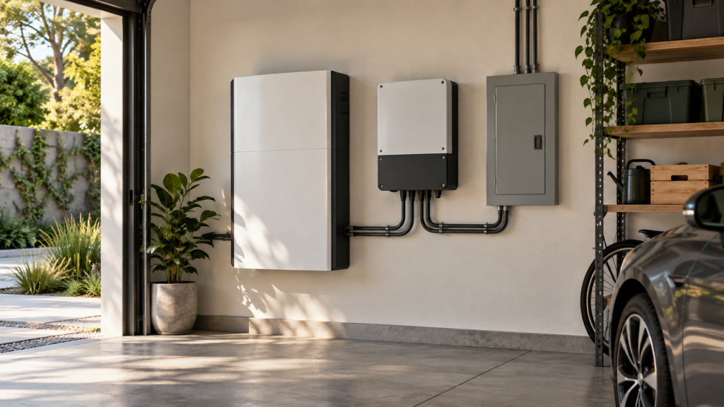 Bateria residencial instalada na parede da garagem ao lado do inversor solar