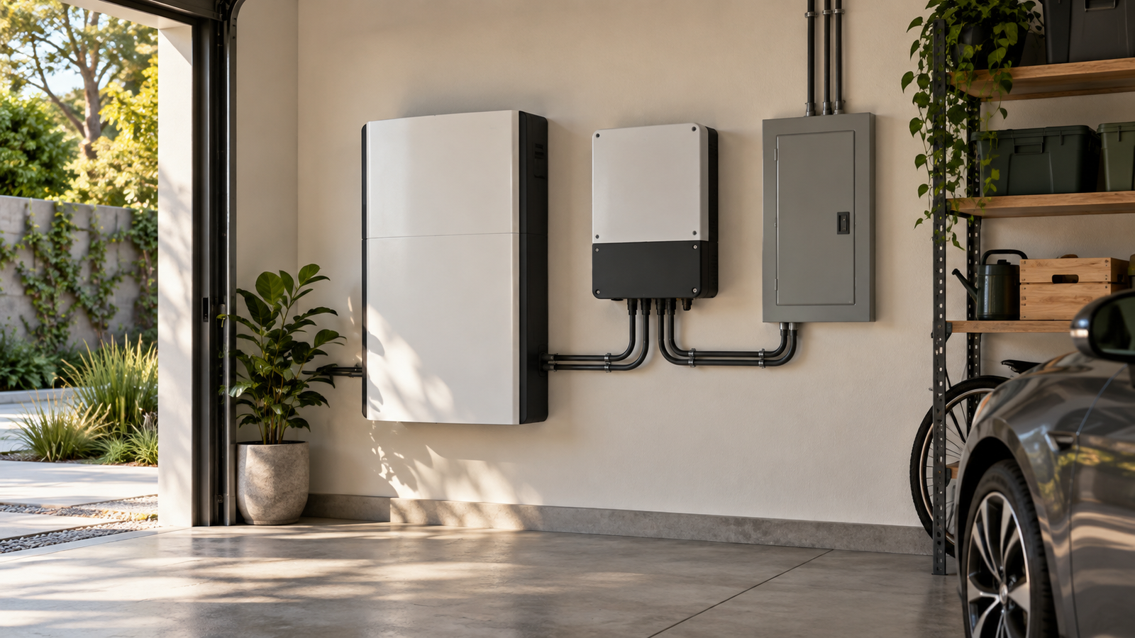 Bateria residencial instalada na parede da garagem ao lado do inversor solar