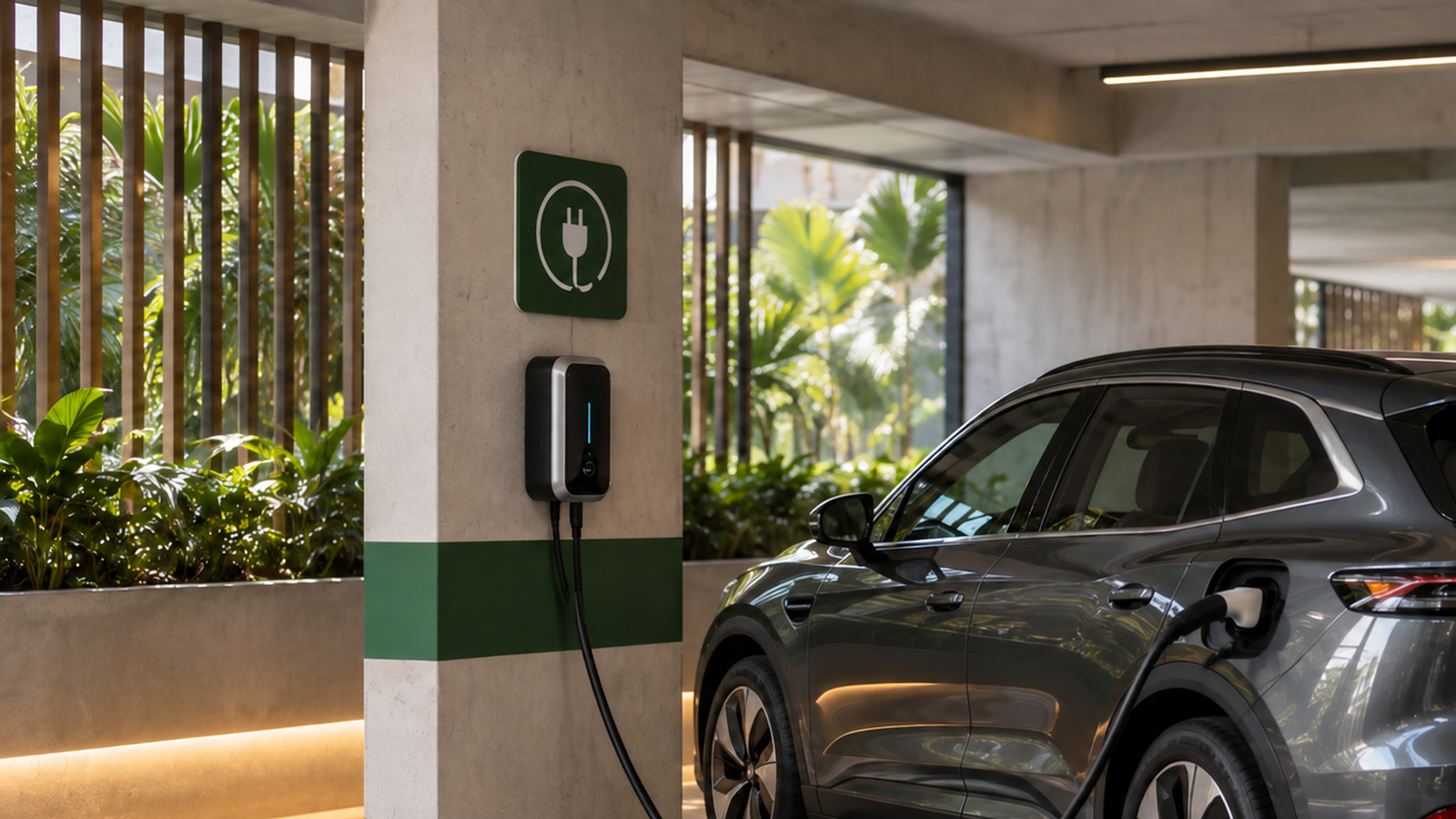 Carregador de carro elétrico instalado em vaga de garagem de condomínio