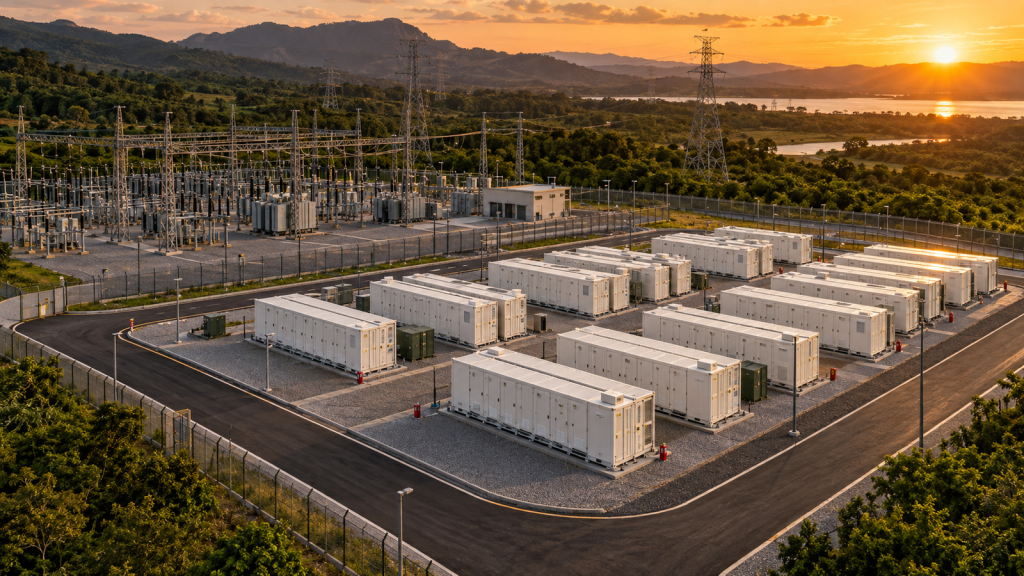 Sistema de armazenamento de energia em baterias ao lado de uma subestação, ao entardecer