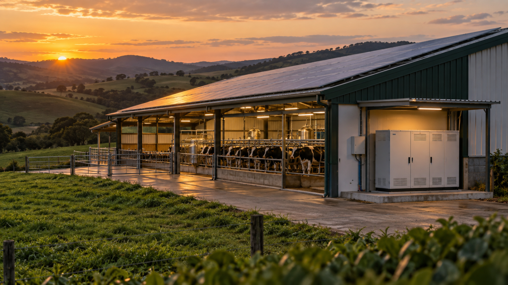 Propriedade rural com painéis solares e sistema de baterias ao entardecer