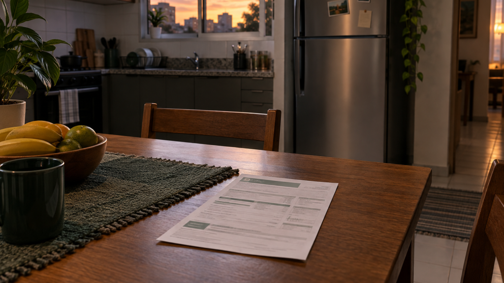 Conta de luz sobre a mesa da cozinha, com a geladeira ao fundo
