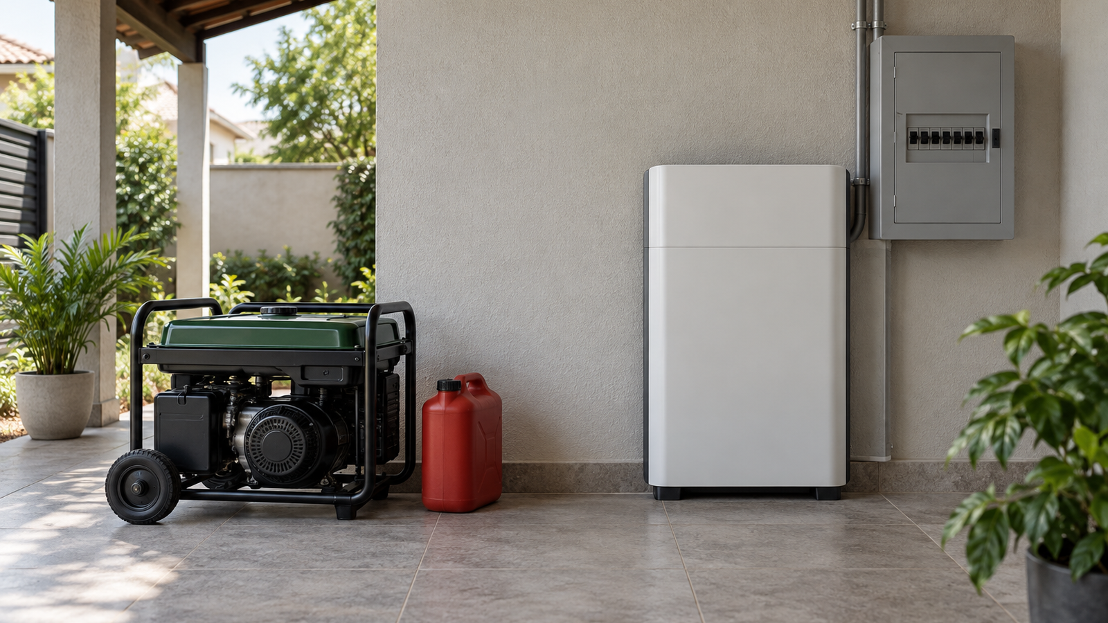 Comparação entre um gerador portátil na área externa e uma bateria residencial instalada na parede