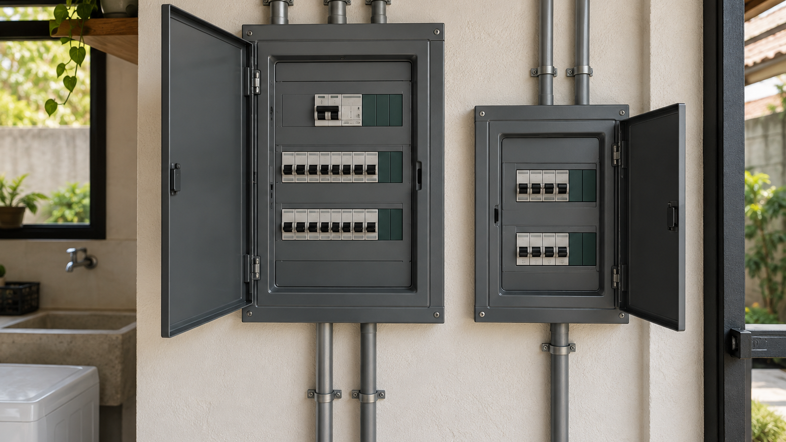 Quadro elétrico residencial com um quadro menor de cargas essenciais ao lado, com circuitos identificados