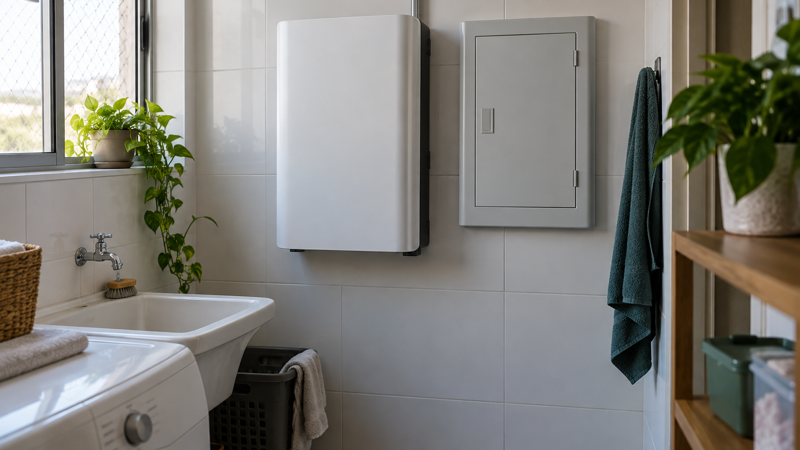 Bateria residencial de parede instalada na área de serviço de um apartamento