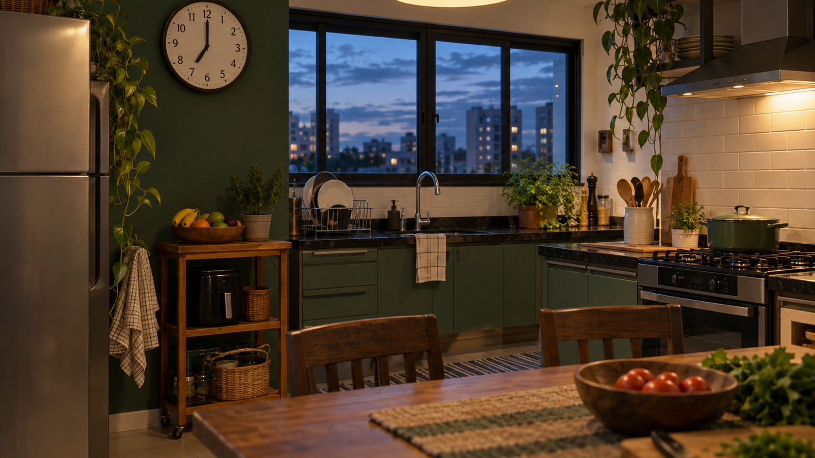 Cozinha de uma casa em plena atividade no começo da noite, o horário mais caro da tarifa branca