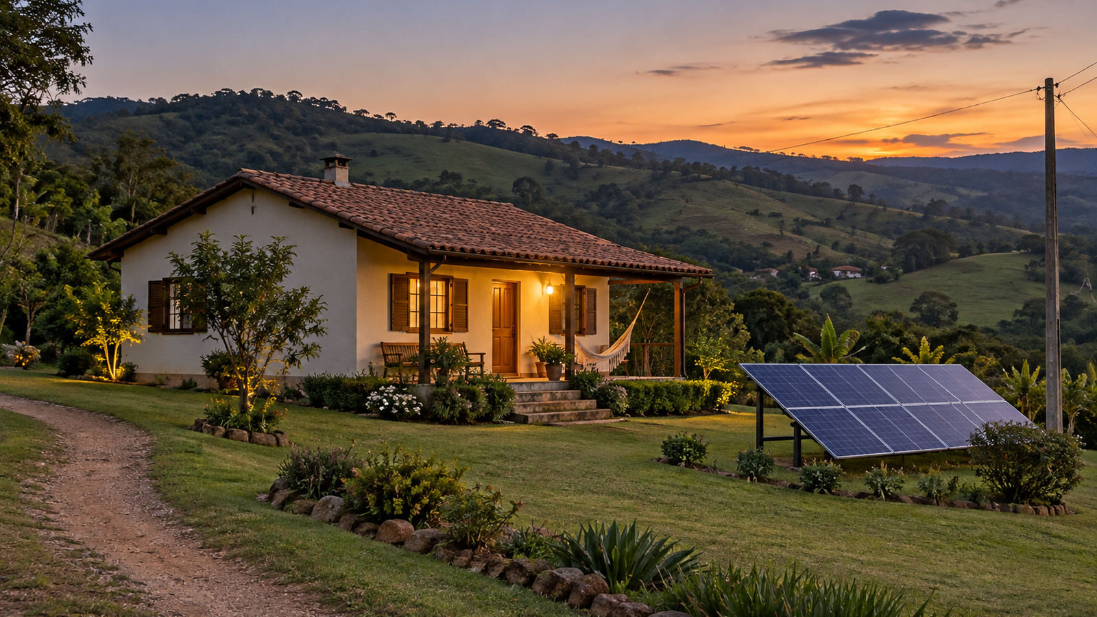 Casa de campo com painéis solares em estrutura de solo e a luz da varanda acesa ao entardecer
