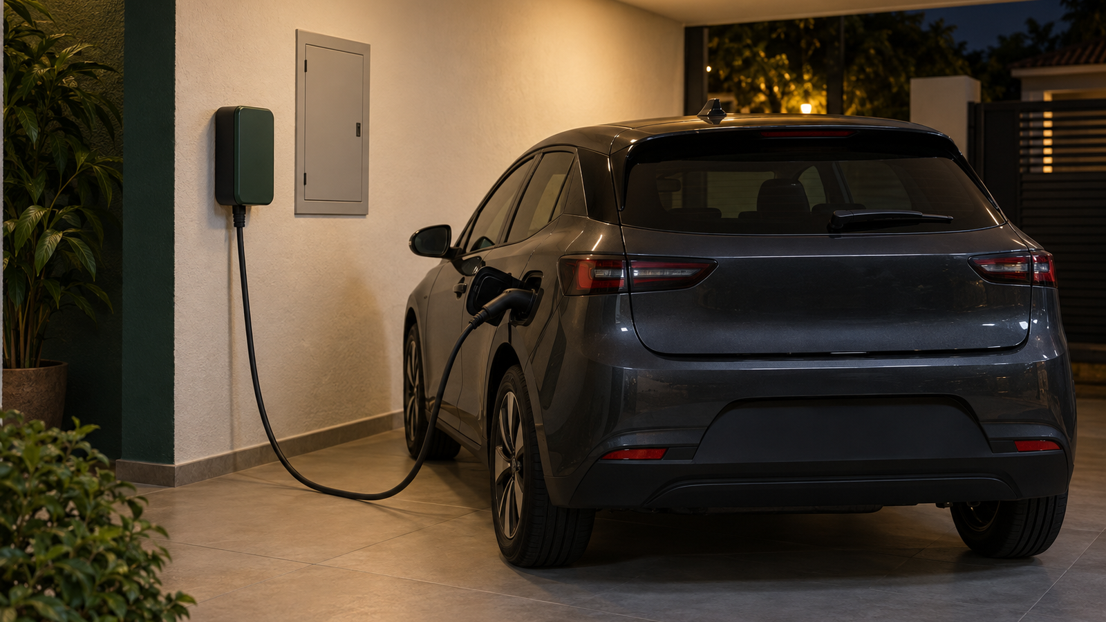 Carregador de parede instalado na garagem de uma casa com o carro conectado à noite