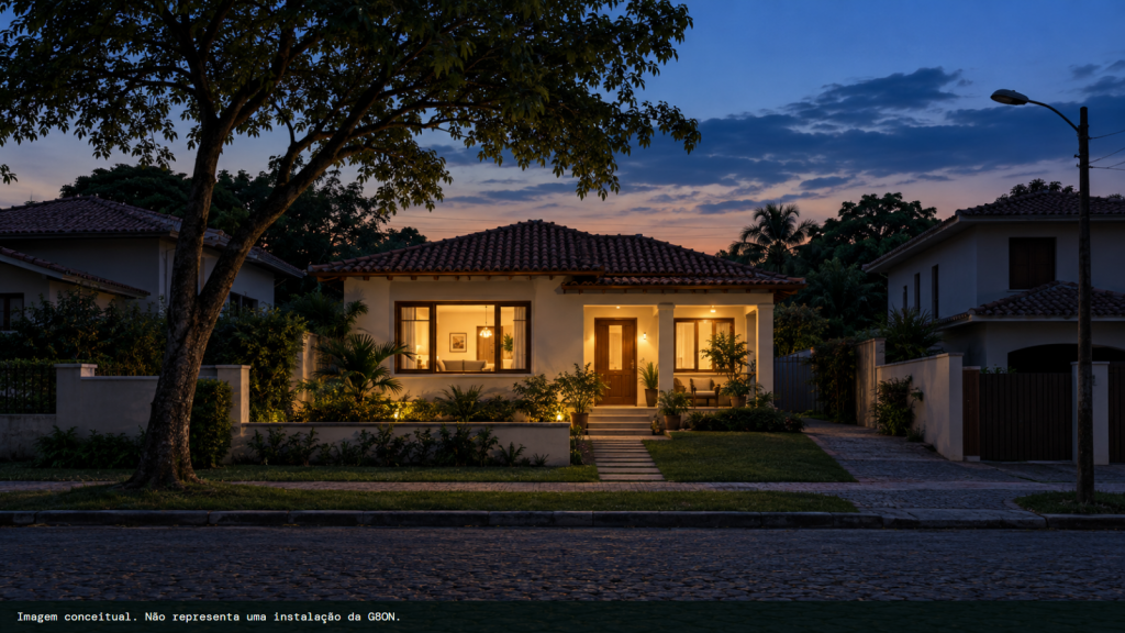 Casa com as luzes acesas durante uma falta de energia na rua, com as casas vizinhas às escuras