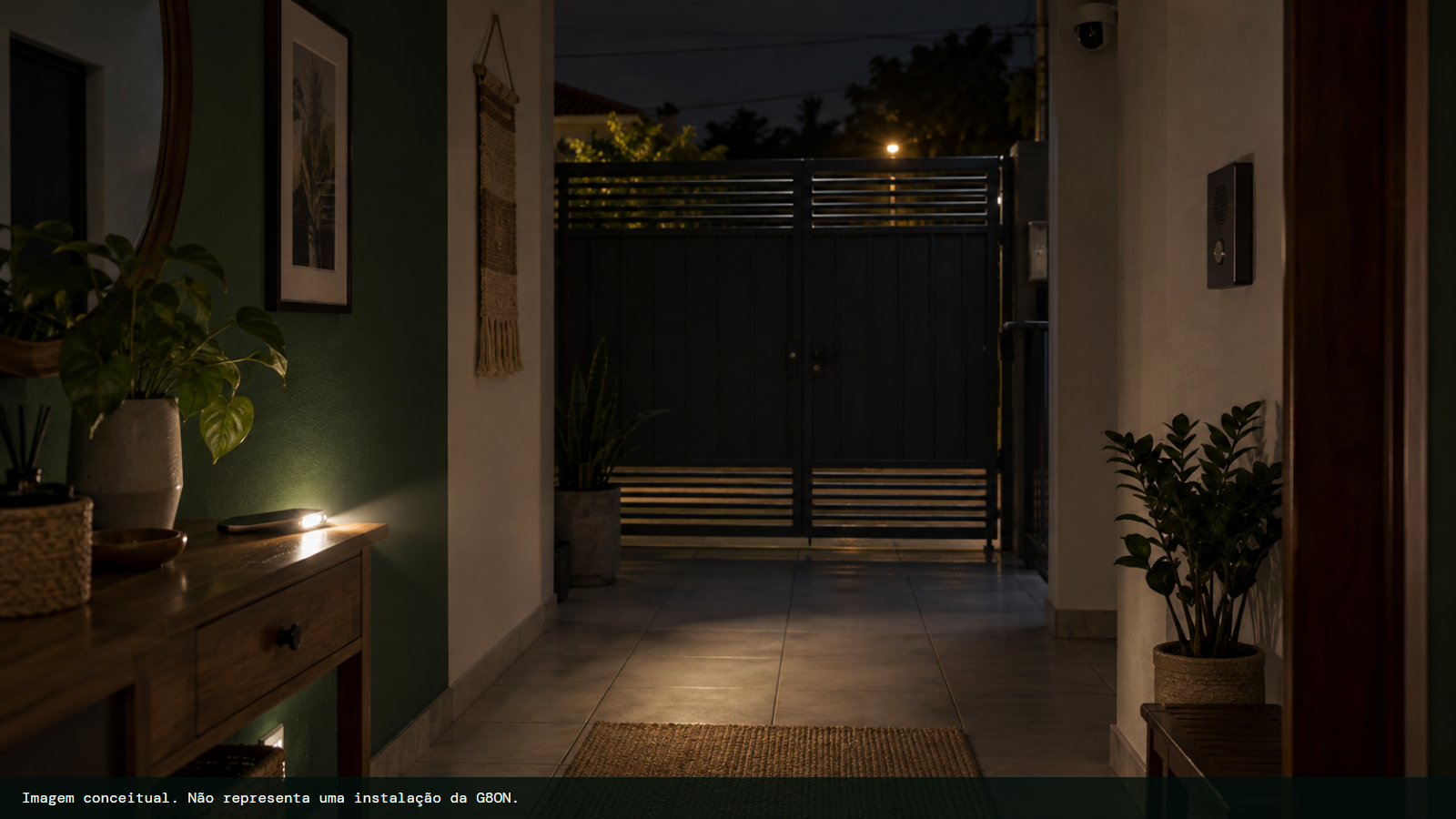 Entrada de uma casa iluminada por lanterna de celular durante uma falta de energia, com o portão eletrônico fechado