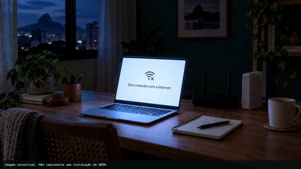 Mesa de home office com notebook aceso e o resto do ambiente às escuras durante uma falta de energia