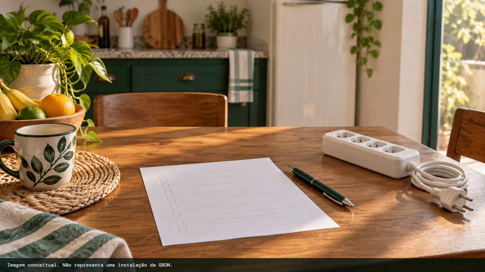 Folha de papel sobre a mesa da cozinha com a lista dos equipamentos da casa que dependem de energia elétrica