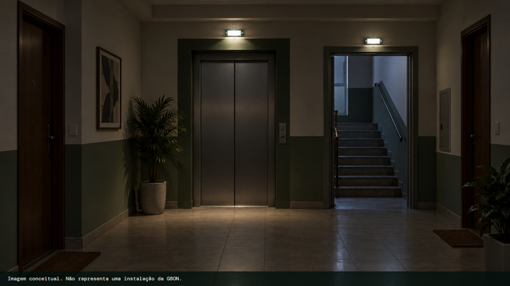 Hall de condomínio iluminado apenas pelas luminárias de emergência durante uma falta de energia