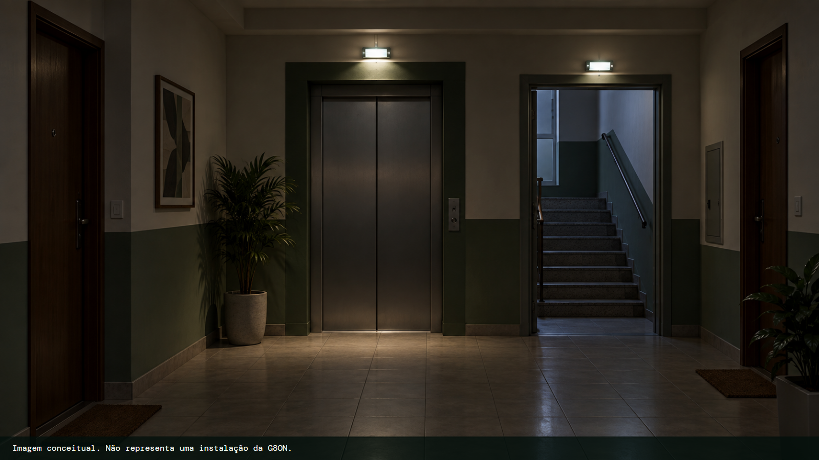 Hall de condomínio iluminado apenas pelas luminárias de emergência durante uma falta de energia